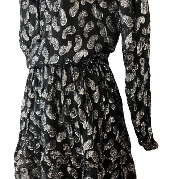 MICHAEL KORS Black Silver Paisley Long Sleeve Metallic Mini Whimsigoth Dress S - Picture 8 of 16